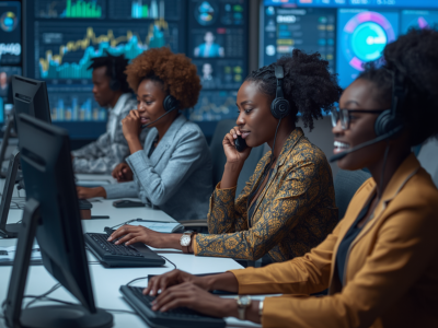 AI and telephone data collection process showing interviewers capturing real-time consumer data with analytics dashboard