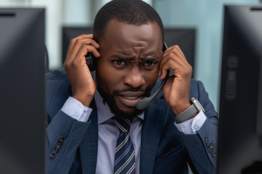 Frustrated telephone survey agent facing challenges during data collection.