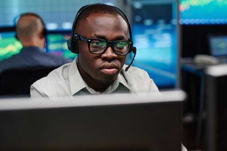 Call center agent conducting telephone survey and market research with real-time data tools