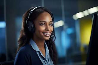 African woman providing customer satisfaction feedback through a telephone survey