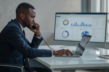 Professional conducting telephone surveys in Africa using advanced CATI systems for market research and opinion polling.