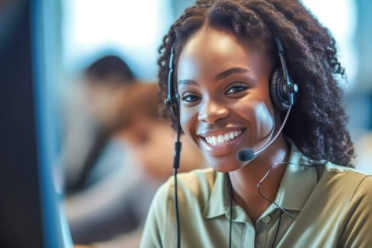 Business agent conducting a telephone survey for business using CATI system in Africa