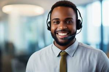 Professional interviewer conducting a telephone survey using a headset.