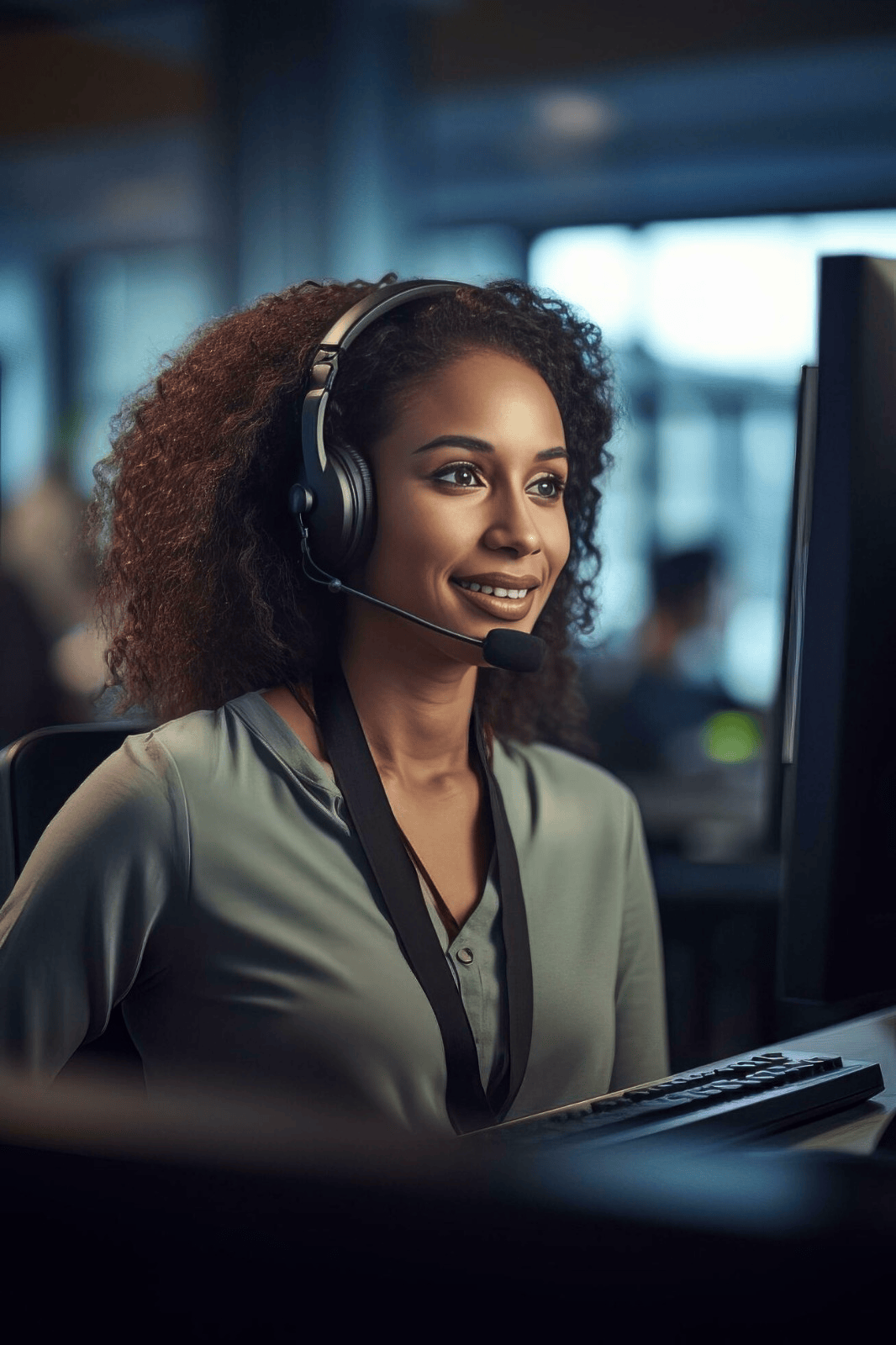 A professional African CATI interviewer wearing a headset conducting a telephone interview at a modern call centre, with a laptop showing a survey interface.