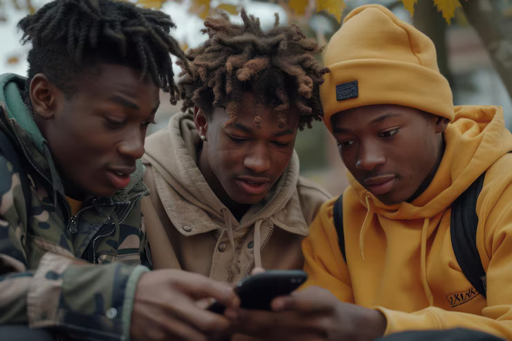 African citizen participating in opinion poll through mobile phone survey.