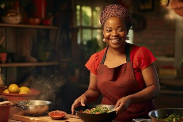 Rural woman speaking on phone during food preparation as part of a telephone survey on nutrition in Africa