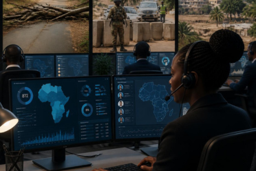 A highly realistic African business research command center. In the foreground, a professional CATI interviewer wearing a headset is conducting a telephone survey on a modern computer dashboard displaying live data collection metrics, maps of Africa, survey response charts, and analytics. In the background, a subtle split-scene shows challenges affecting traditional fieldwork: a closed rural road, security checkpoints, and communities affected by instability. The CATI operator remains connected to respondents across multiple African countries through digital technology