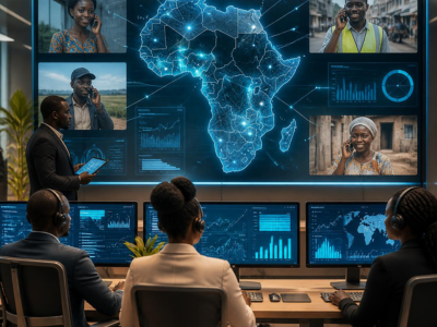 A futuristic yet realistic African market research ecosystem showing diverse respondents from urban and rural locations connected through digital communication networks. At the center, a large glowing digital map of Africa with interconnected data points, telephone survey icons, analytics dashboards, and real-time market intelligence visualizations. Researchers monitor consumer behavior, inflation trends, and public opinion through CATI technology from a modern operations center.