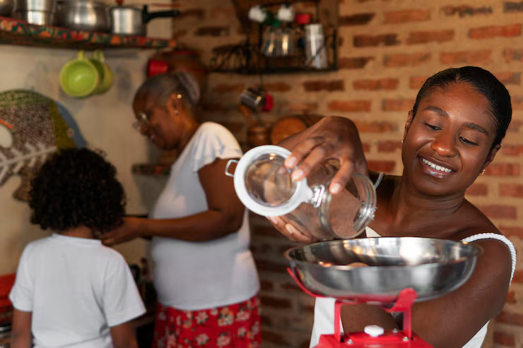 A rural African mother cooking a simple meal beside her well-nourished child—representing everyday realities captured through telephone survey, health and nutrition research.
