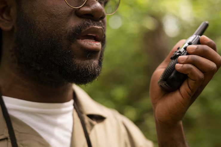 A field researcher conducting a telephone survey using a mobile phone in a rural African community with traditional homes in the background.